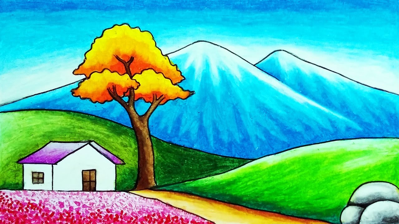 How to Draw Easy Scenery of Mountain, Hills, House and Flowers Field | Simple Nature Scenery Drawing