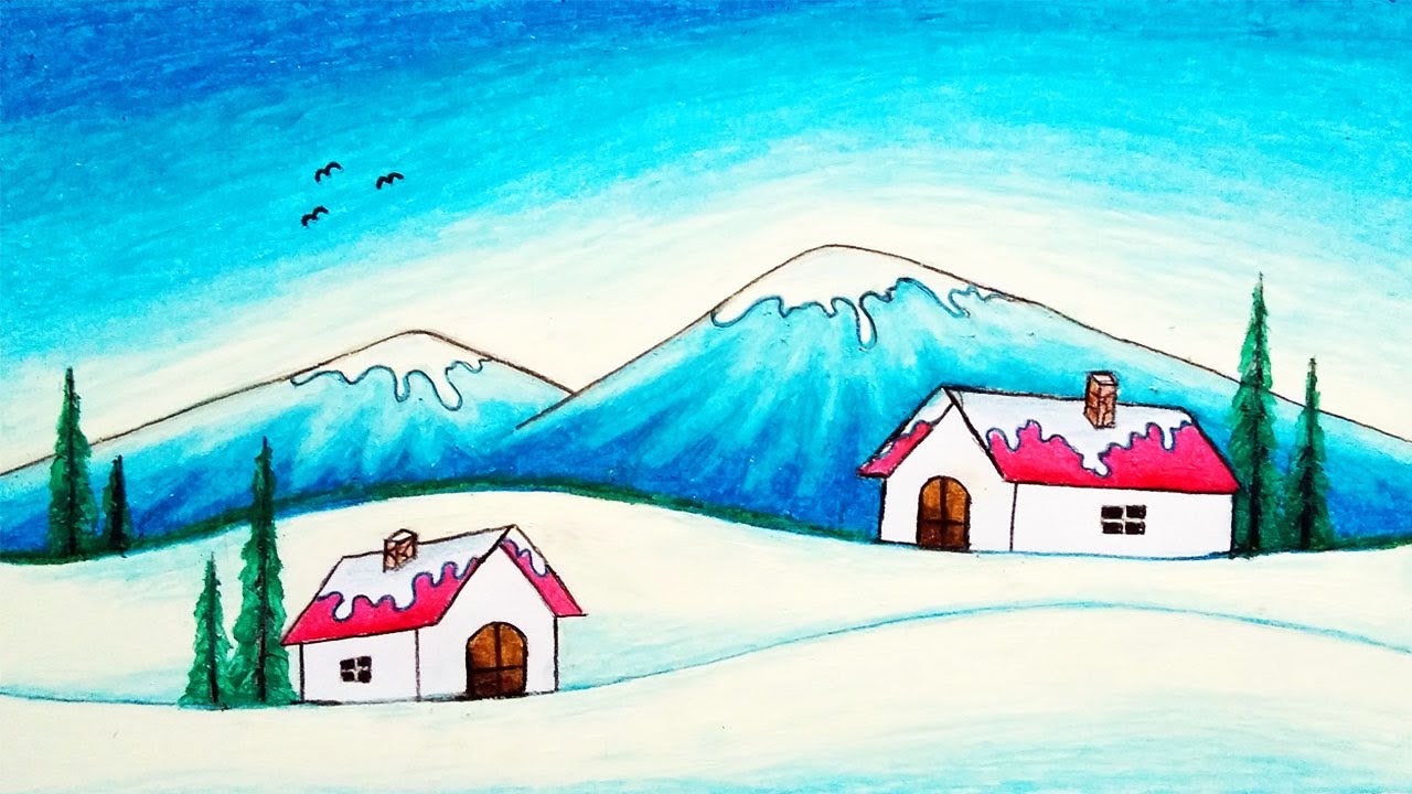 How to Draw Easy Scenery of Winter Season Houses | Simple Snow Scenery Drawing Step by Step