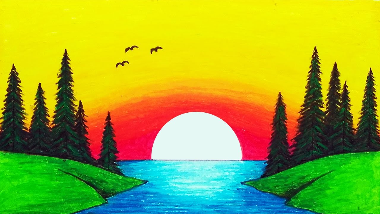 How to Draw Easy Sunset Scenery Drawing Step by Step | sunset scenery pictures