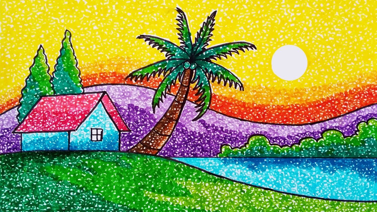 How to Draw Easy Sunset Scenery with Squiggling Color Pen Drawing  Technique