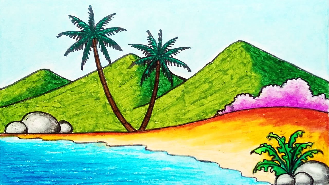 How to Draw Easy Tropical Beach | Beautiful Scenery Drawing