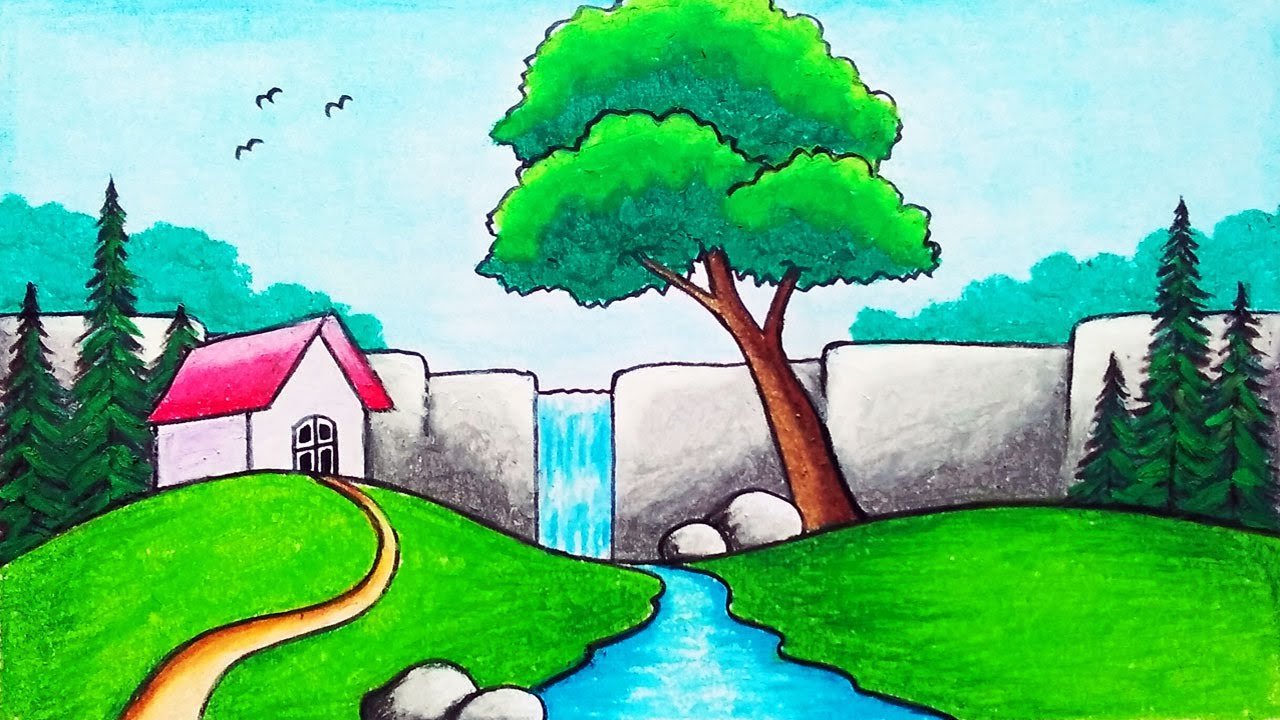 How to Draw Easy Waterfall Scenery Drawing with Oil Pastels
