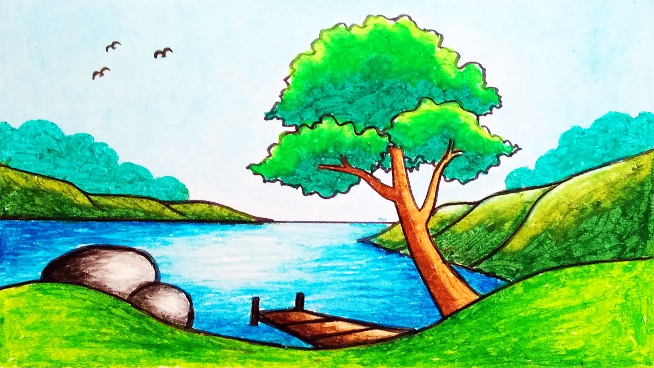 How to Draw Easy and Beautiful Lake Scenery Drawing for Beginners