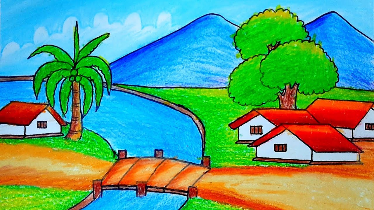How to Draw Easy scenery || Mountain scenery drawing with Beautiful village scenery Drawing easy