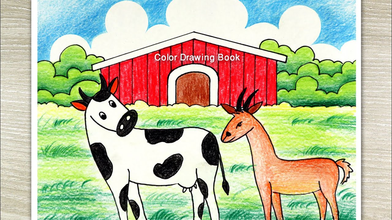 How to Draw Farmers House Scenery, Cow drawing for beginners