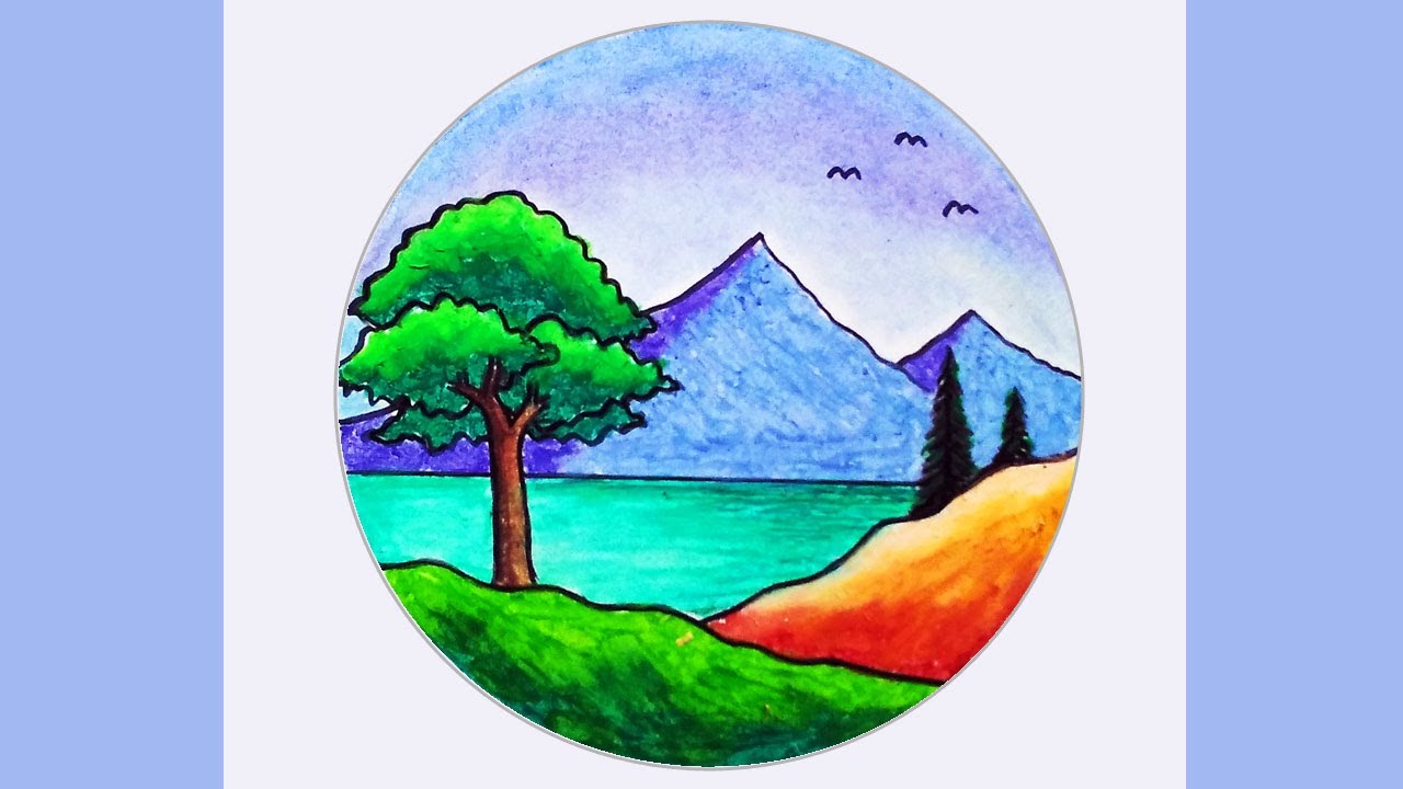 How to Draw Lake Scenery with Oil Pastels #Shorts #EasySceneryDrawing