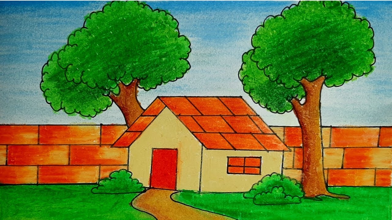 How to Draw Landscape | drawing of nature landscape village scenery
