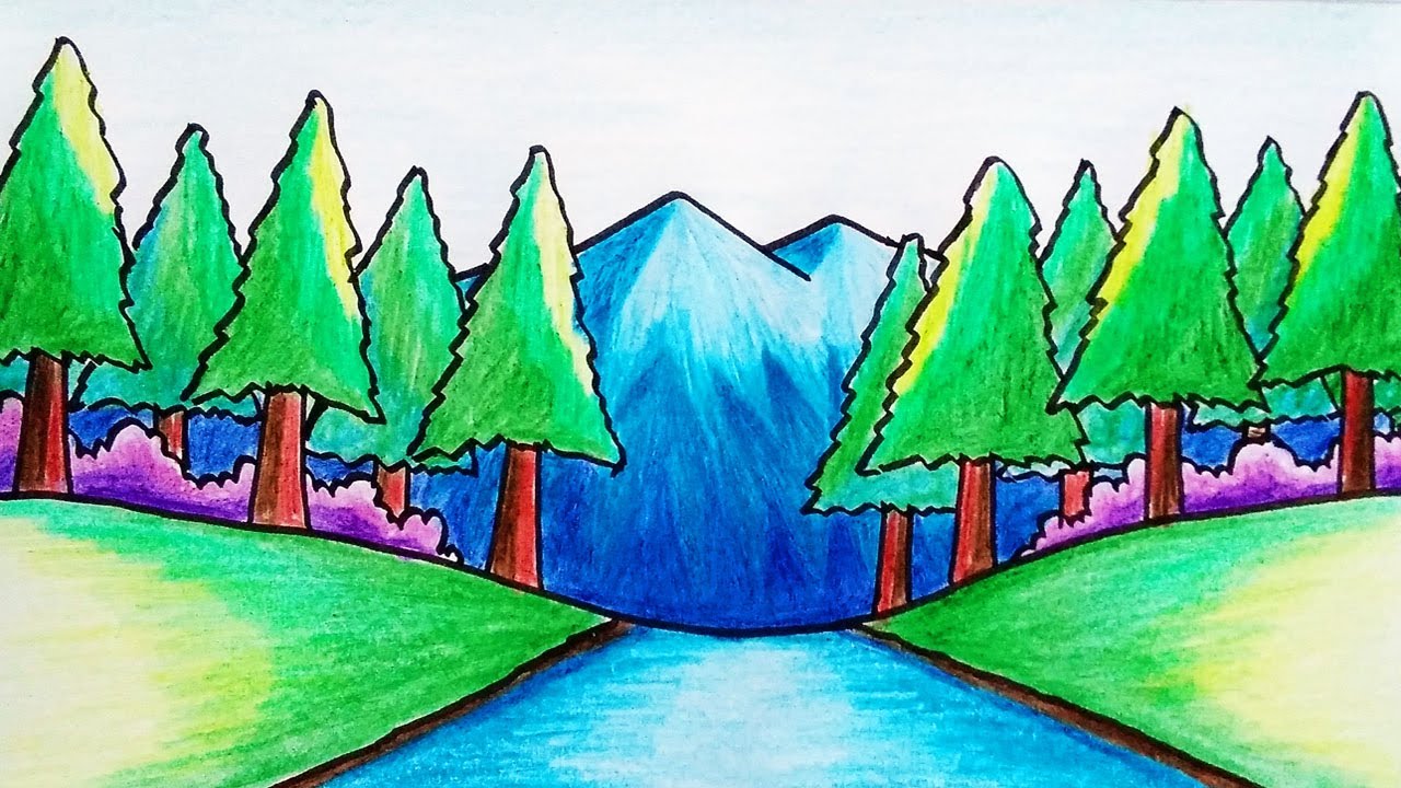 How to Draw Pine Forest with Color Pencils for Beginners | Easy Mountain and Forest Scenery Drawing