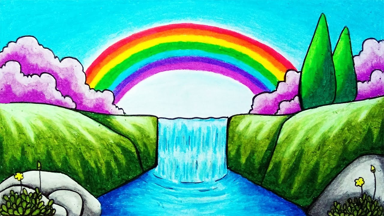 How to Draw Rainbow Over Waterfall Scenery Step by Step | Easy Rainbow Scenery Drawing for Beginners
