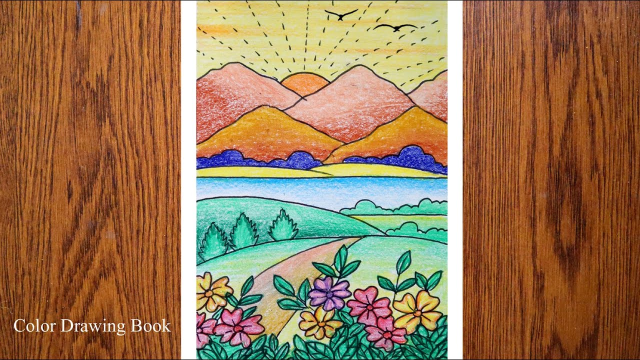How to Draw Scenery of Sunrise step by step | Flower Garden Drawing for Beginners