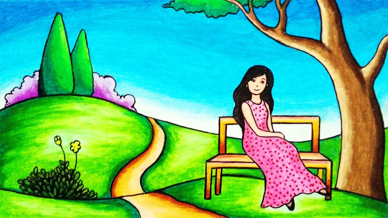 How to Draw Scenery of a Girl in the Garden Step by Step | Easy Alone Girl Scenery Drawing