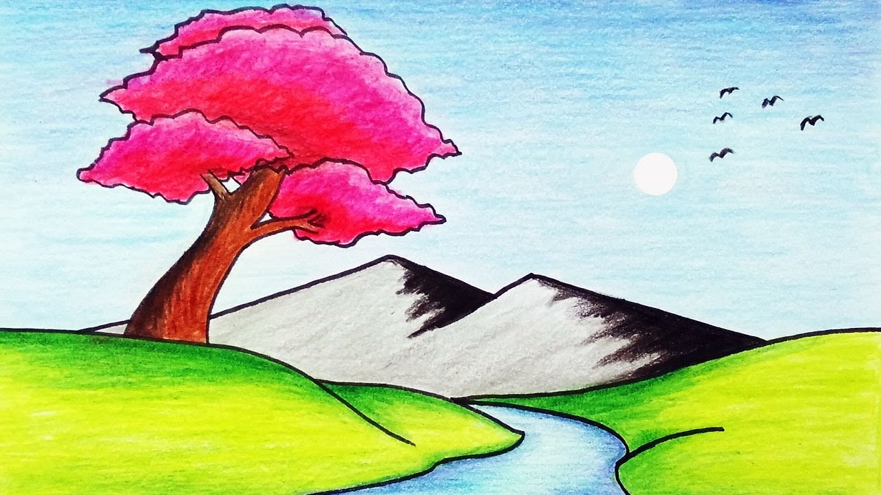 How to Draw Super Easy River Hills and Mountain Scenery | Scenery Drawing With Color Pencils