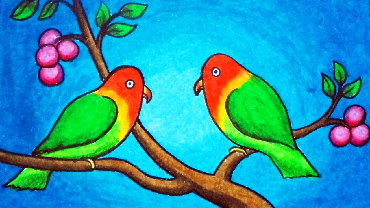 How to Draw Two Lovebirds Scenery Step by Step | Easy Love Bird Scenery Drawing for Beginners