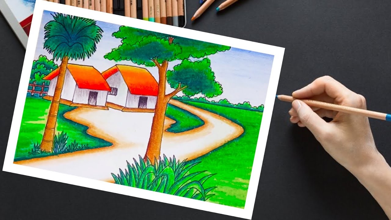 How to Draw Village Scenery |  Village House Drawing |  House Drawing Easy with Colour