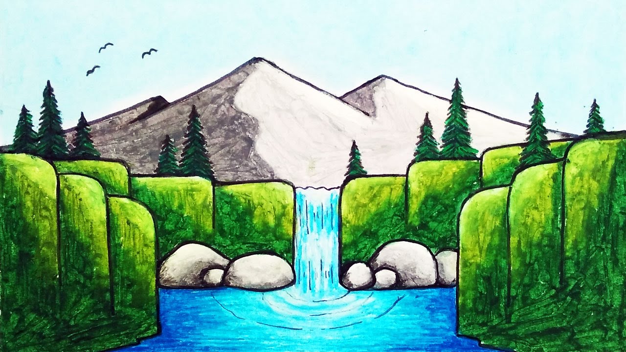 How to Draw Waterfall Scenery With Oil Pastels  Step By Step | How To Draw Easy Scenery
