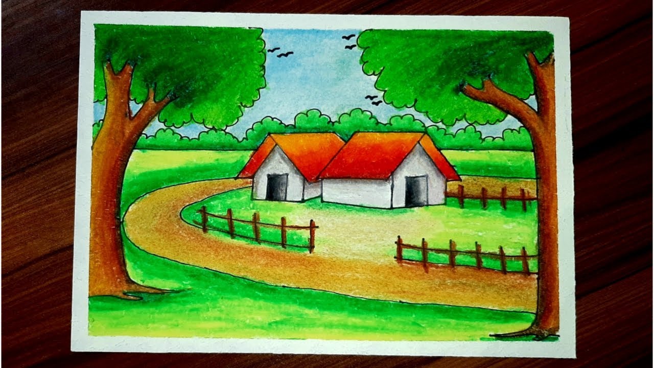 How to Draw a Beautiful Village Scenery step by step Landscape Drawing easy