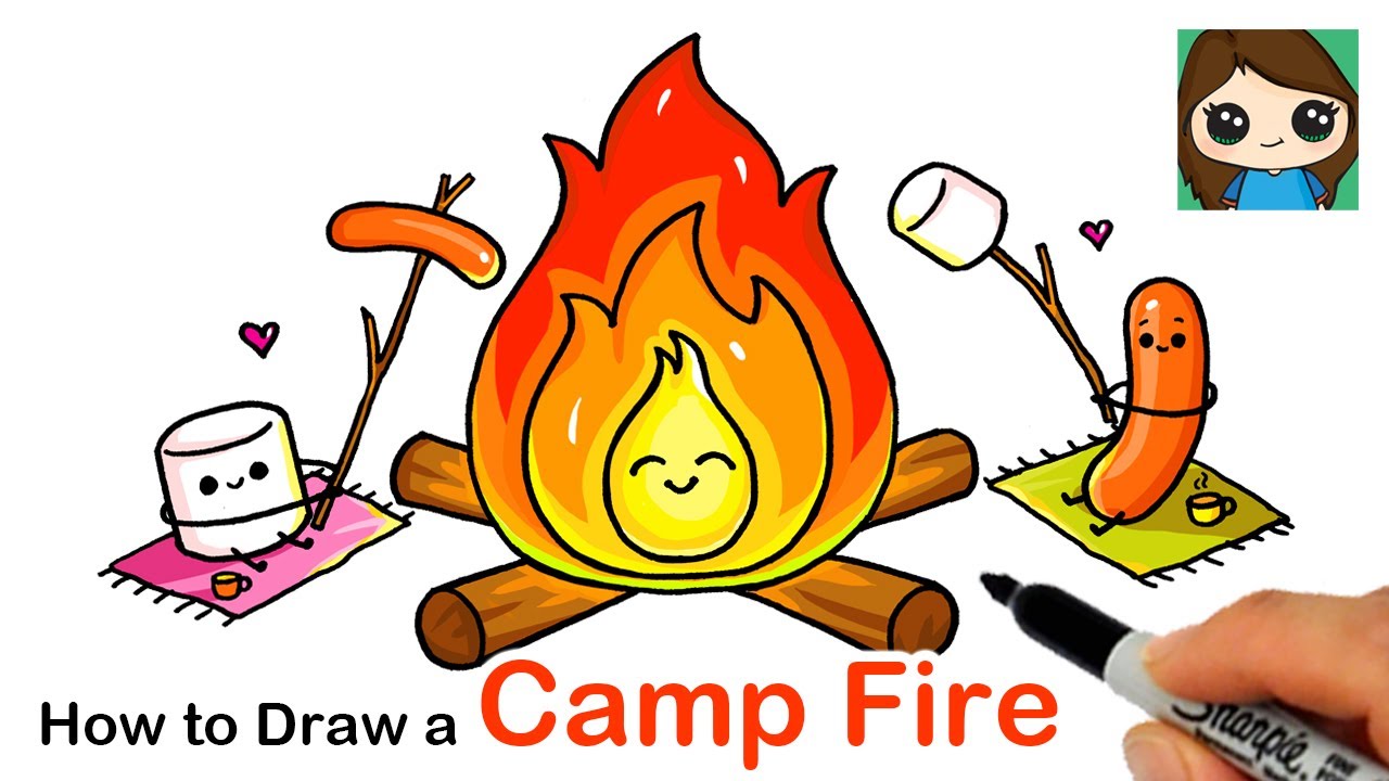 How to Draw a Camp Fire | Roasting Marshmallow and Hot Dog
