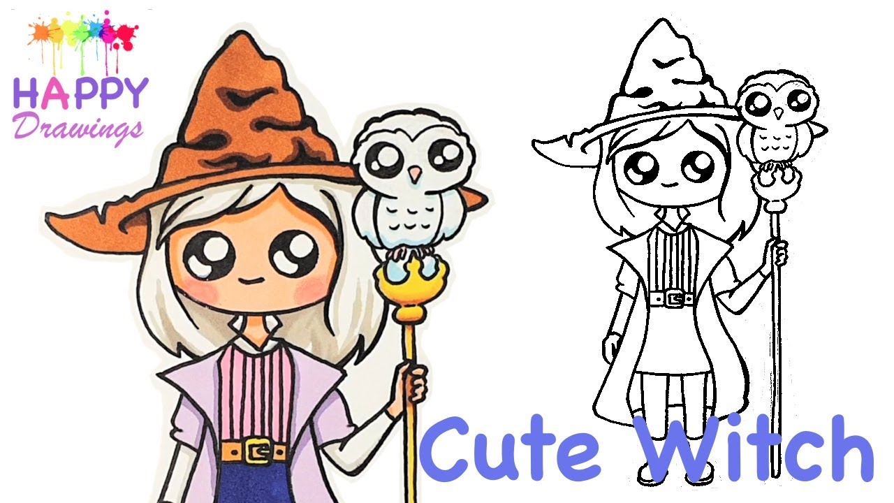 How to Draw a Cute Witch with her Owl    Halloween Art