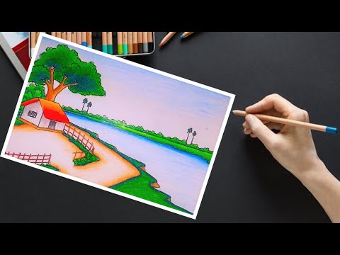 How to Draw a Landscape, How to draw a Landscape with Watercolor Landscape drawing Village Scenery