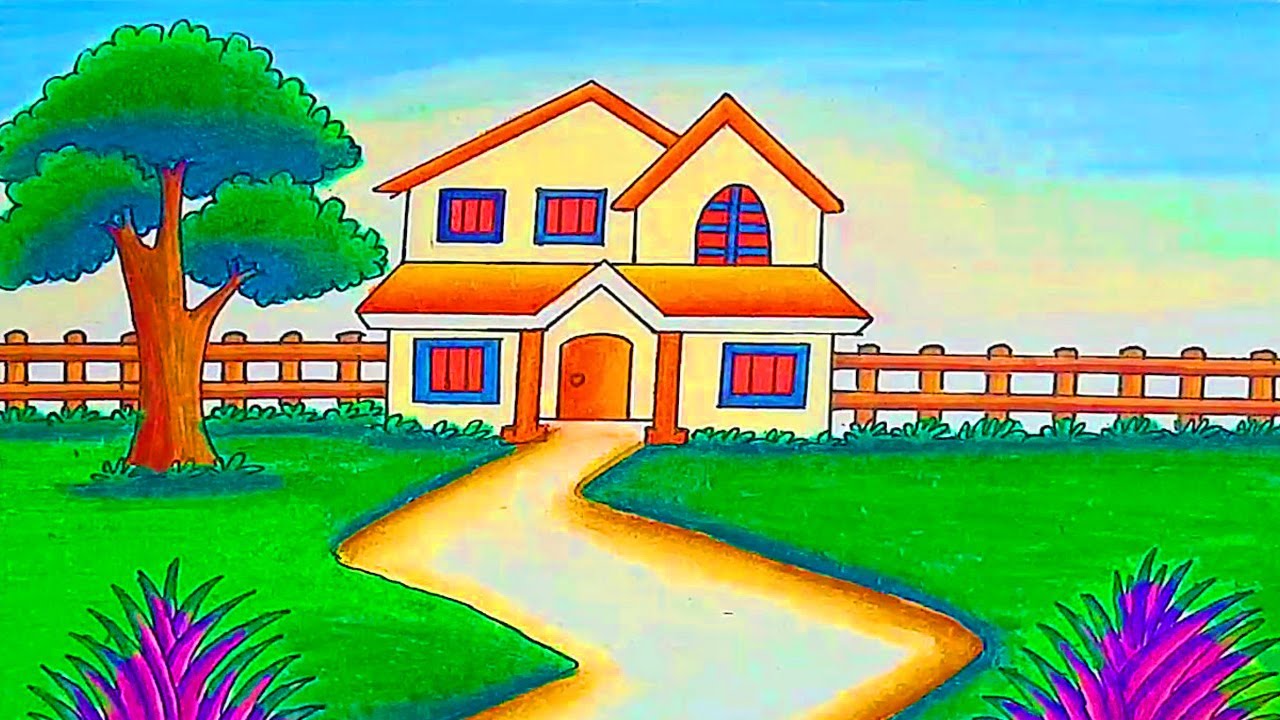 How to Draw a Village House Scenery with Beautiful Nature step by step | House Drawing Easy Color