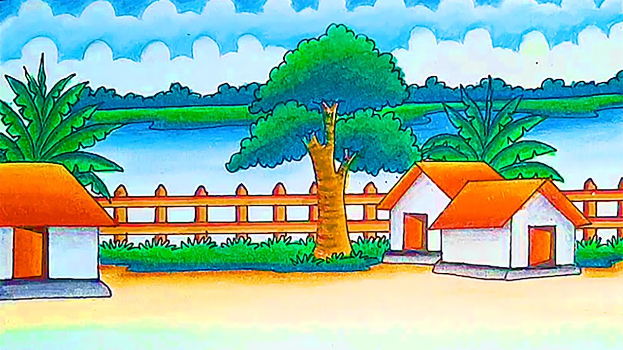 How to Draw a Village Scenery of Beautiful Nature| lakeside village scenery | Indian village Drawing