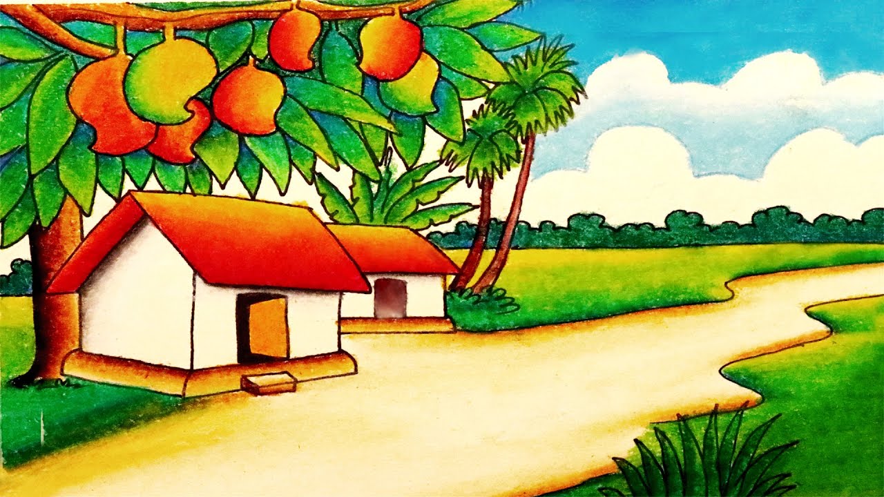 How to Draw a Village Scenery of Beautiful Nature - Step-By-Step With Drawing beautiful landscape