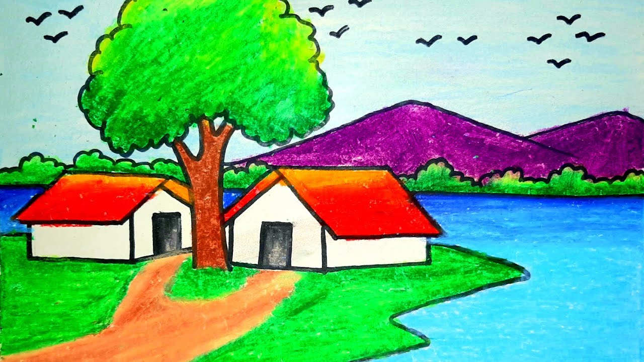 How to draw Beautiful Landscape Village scenery step by step very Easy