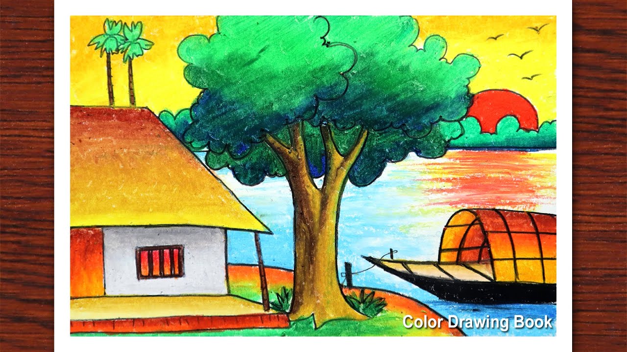 How to draw Beautiful Village Landscape with oil pastels, oil pastel drawing 2021