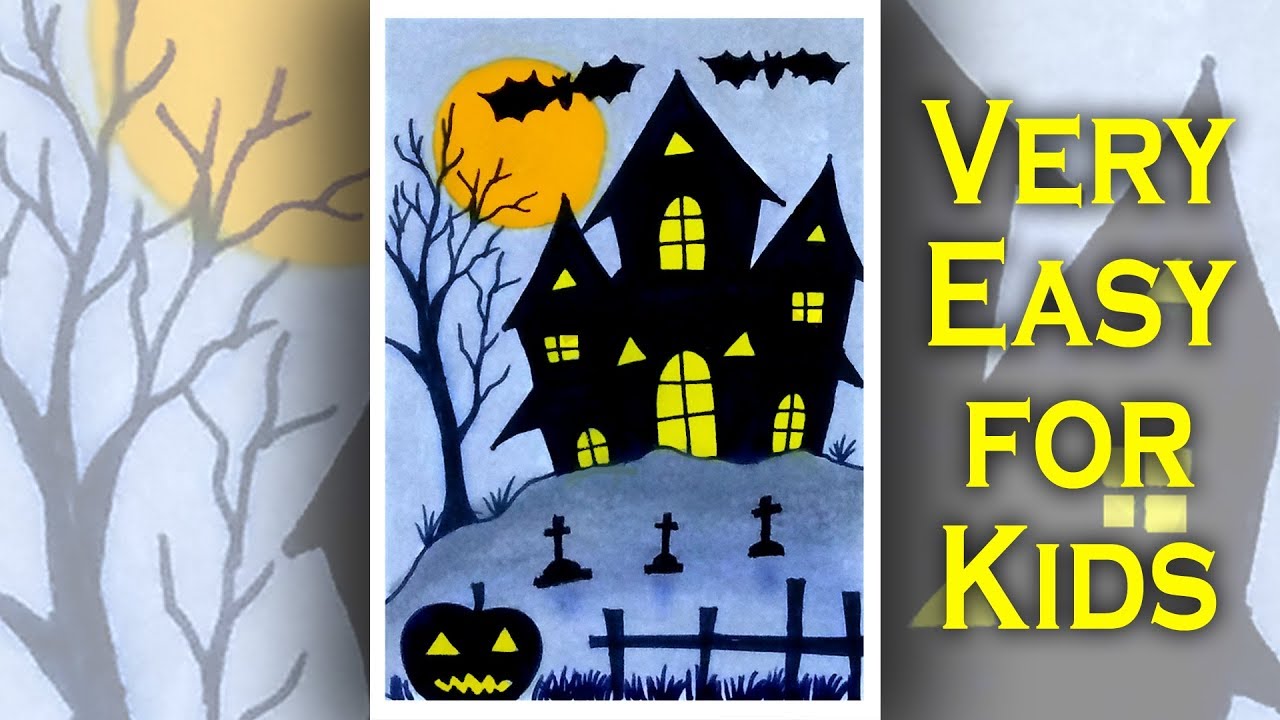 How to draw Halloween house, Easy oil pastel scenery drawing for beginners