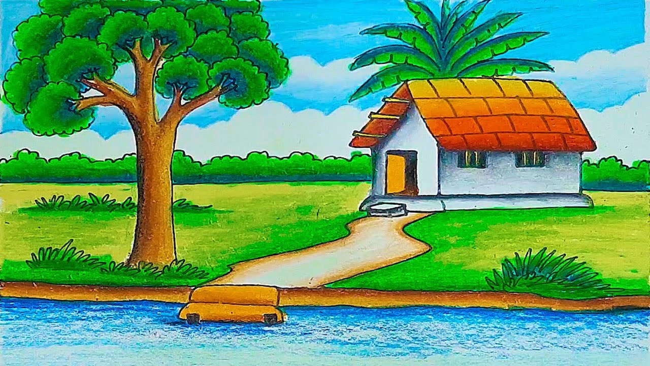 How to draw Indian village scenery my village drawing competition | Landscape drawing with nature