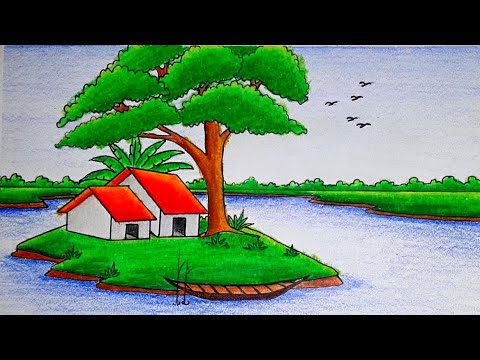 How to draw Landscape /scenery of beautiful nature-step by step