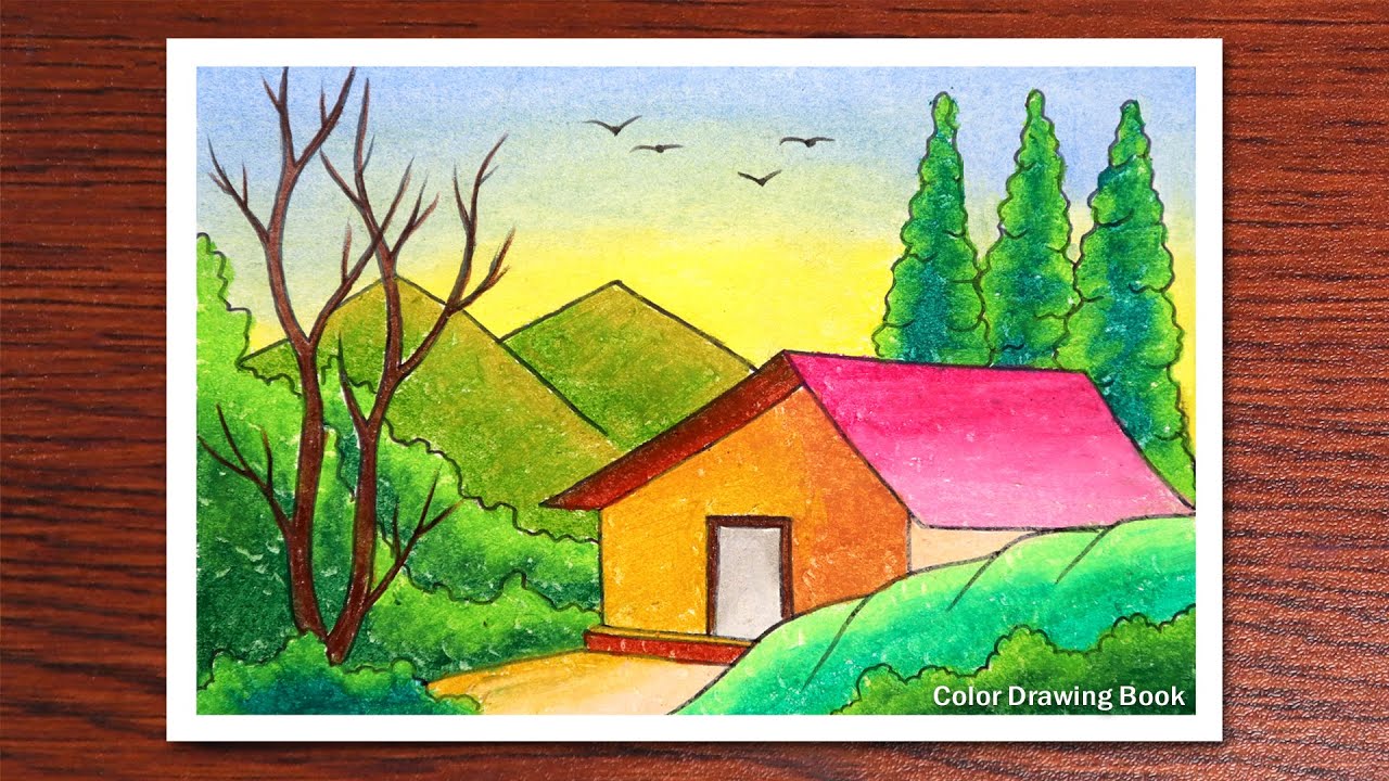 How to draw Mountain Landscape scenery with oil pastels - Village Scenery Drawing