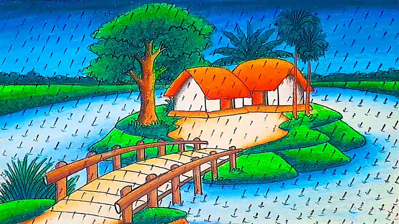 How to draw Rainy Season Scenery|Rainy Season Scenery Drawing|how to draw village scenery|panting