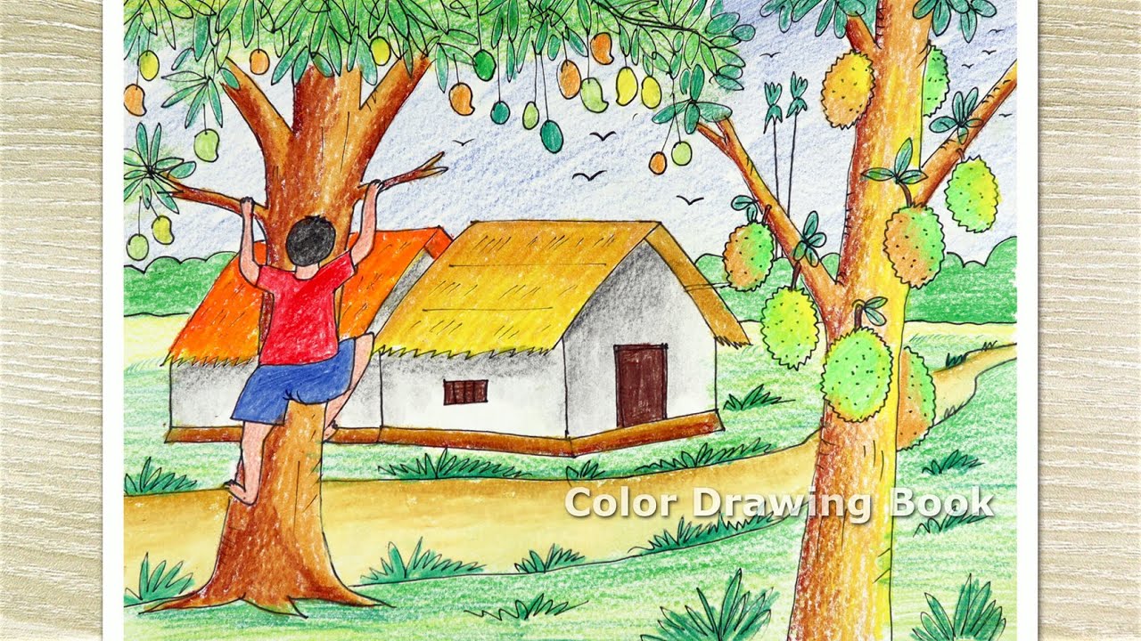 How to draw Scenery of beautiful nature, Village summer season drawing