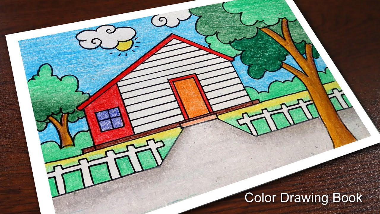 How to draw Simple Scenery for Beginners | Village House Drawing with Colour Pencils