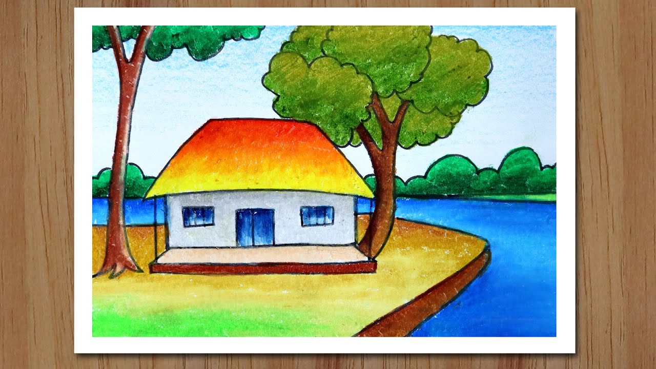 How to draw Simple scenery for beginners with oil pastels, Village drawing step by step