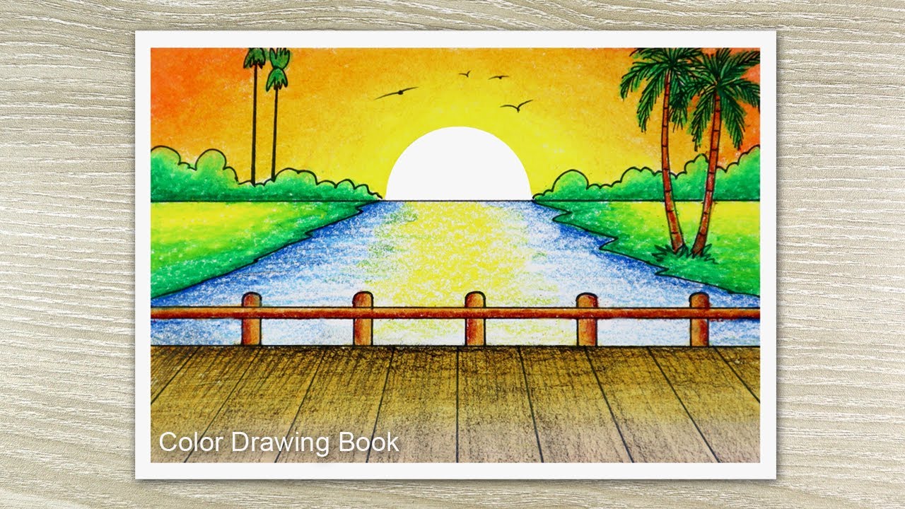 How to draw Sunset Scenery for beginners - step by step