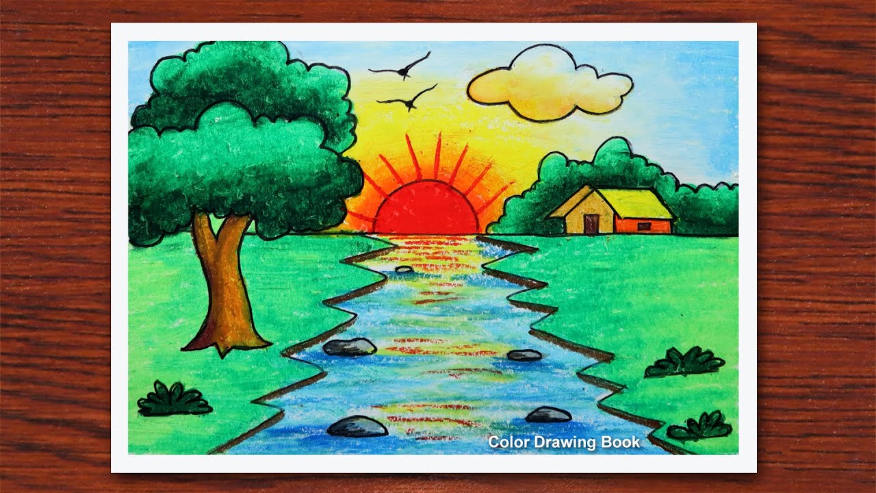 How to draw Village Sunrise Scenery  with oil pastels, Color Drawing Book 2021