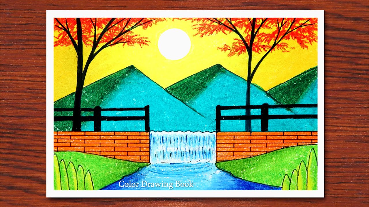 How to draw Waterfall Landscape drawing with oil pastels, oil pastel drawing 2021