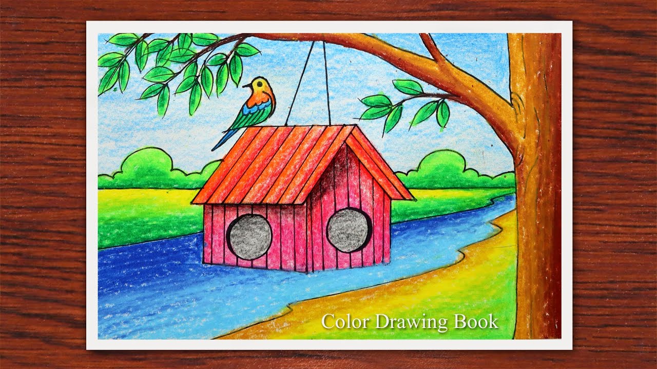 How to draw a Birds House in a Tree, Easy Scenery Drawing