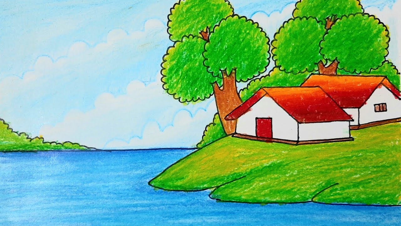How to draw a Riverside Scenery with beautiful village scenery drawing ( very easy)