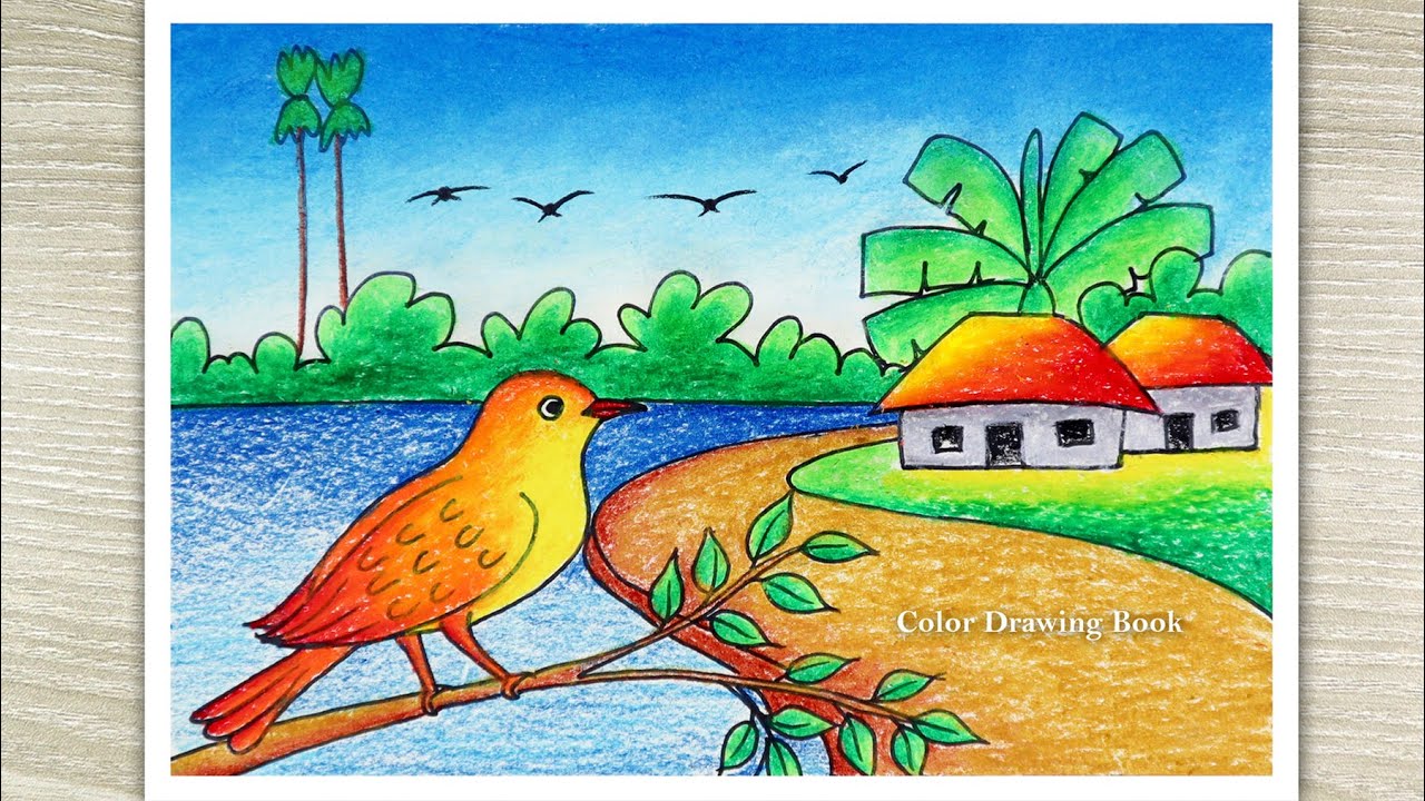 How to draw a Scenery with Birds, Village Nature scenery drawing