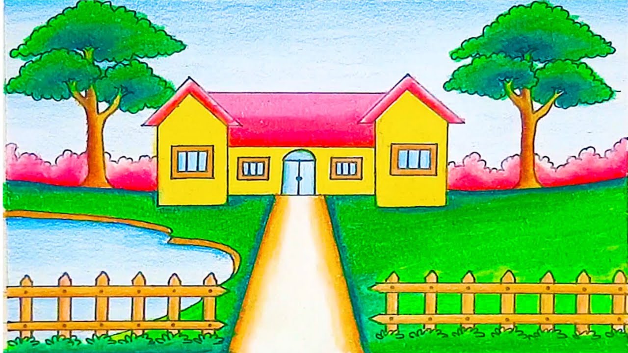 How to draw a beautiful house With nature / landscape drawing