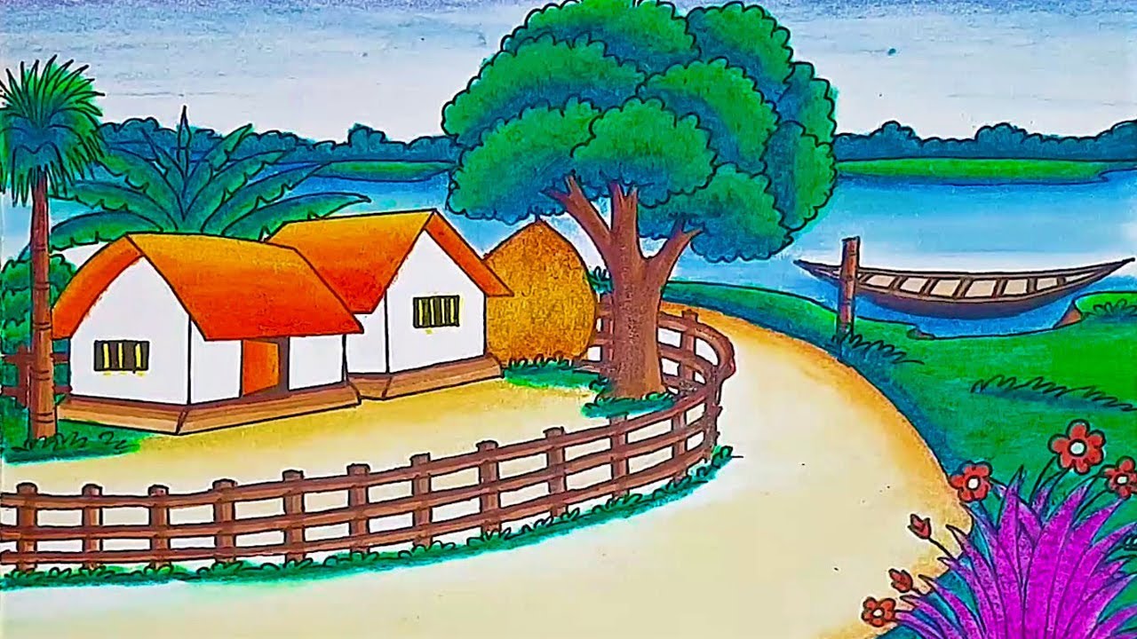 How to draw a beautiful landscape village nature scenery step by step | riverside village drawing