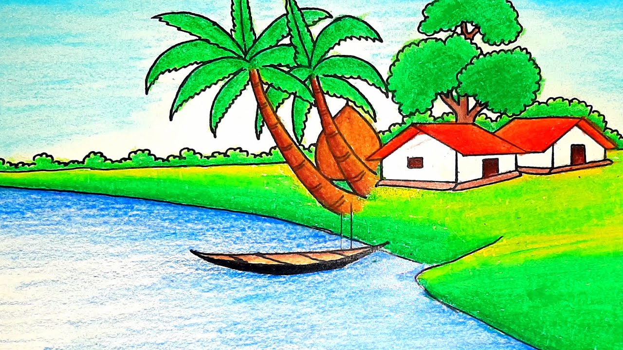 How to draw a beautiful village scenery drawing oil pastels colour step by step easy drawing
