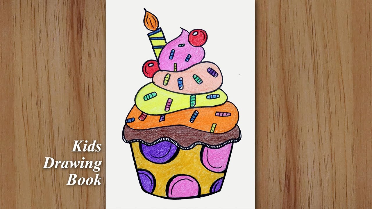 How to draw a cupcake step by step colour pencil - Birthday Cake - Drawing for beginners