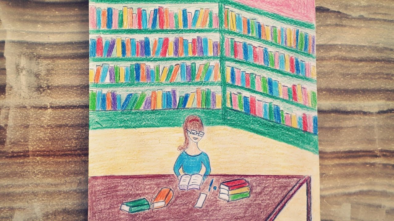 How to draw a library (Easy) / Girl in the library drawing / Literacy Day drawing / Kütüphane çizimi
