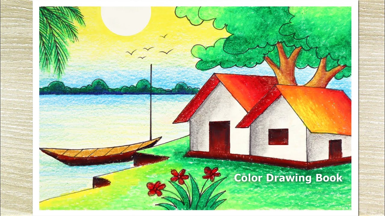 How to draw a scenery of beautiful nature, Riverside Village landscape drawing
