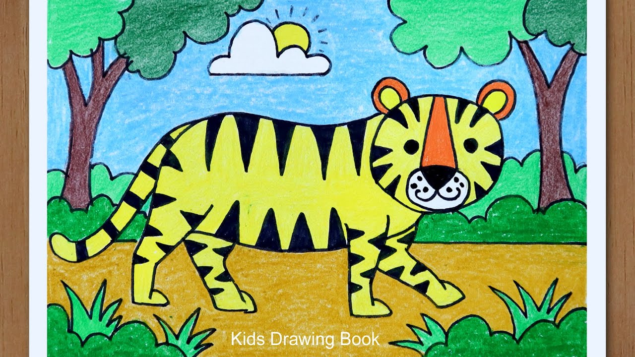 How to draw a tiger in jungle step by step -  Easy Scenery Drawing for beginners