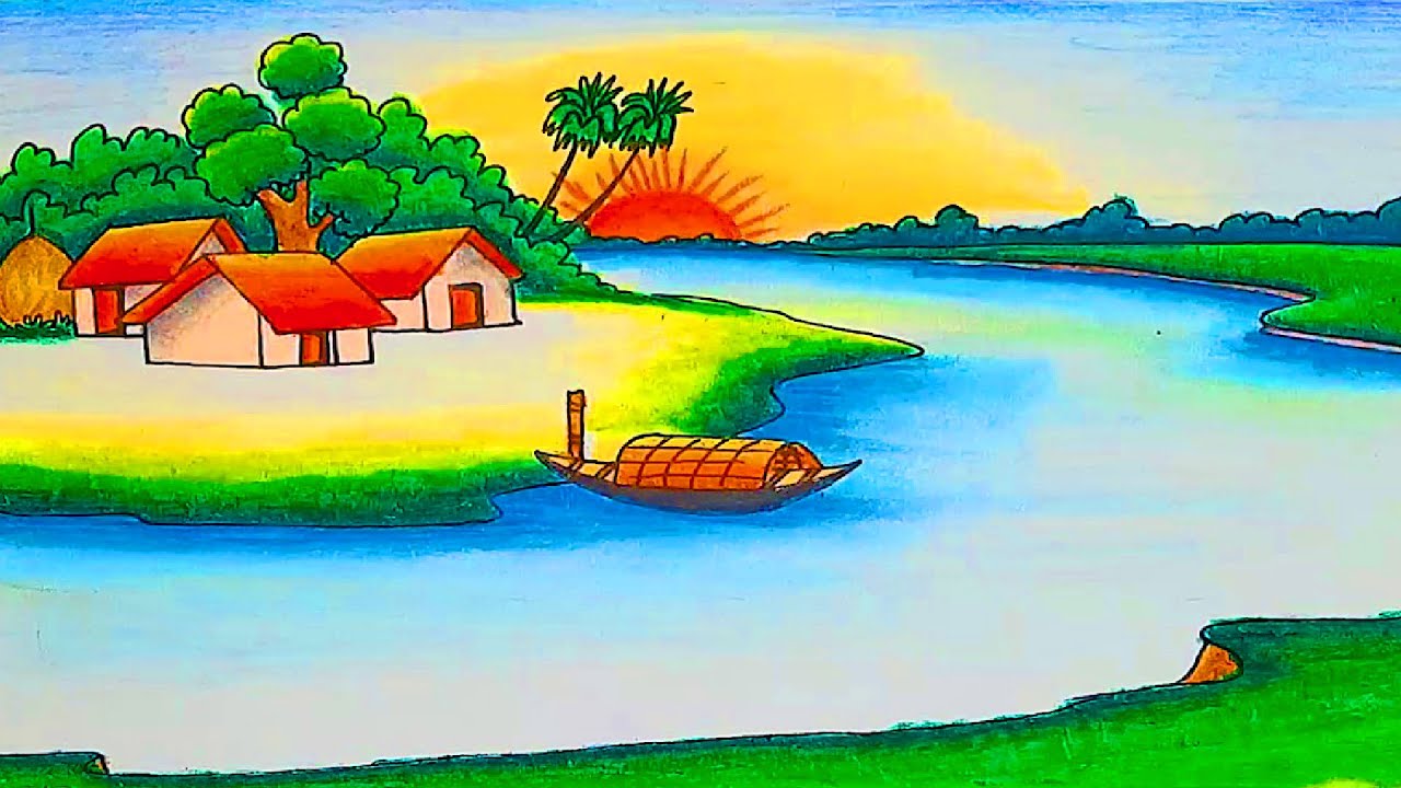 How to draw beautiful riverside village drawing with sunset scenery drawing step by step
